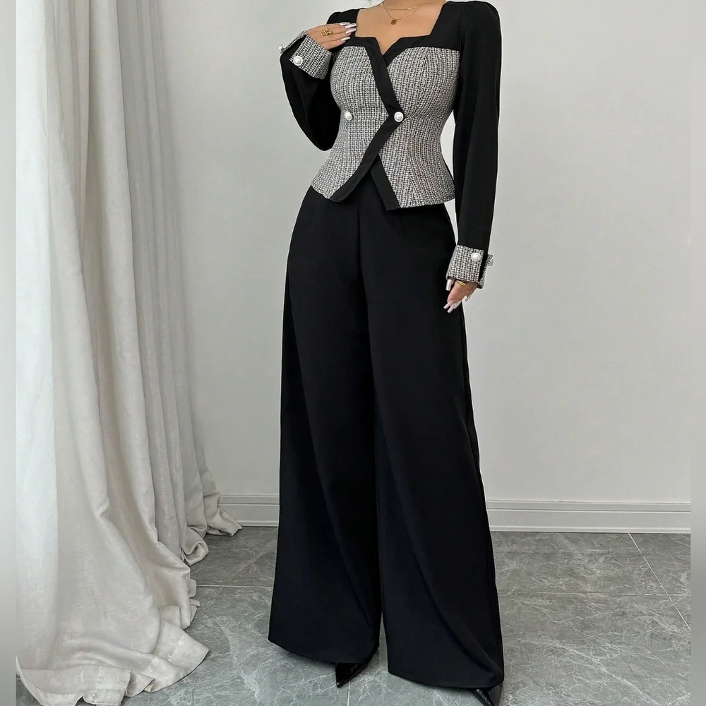 2pcs Women Elegant Color Block Cardigan & Wide Leg Pants Suit, Autumn - Picture 3 of 7